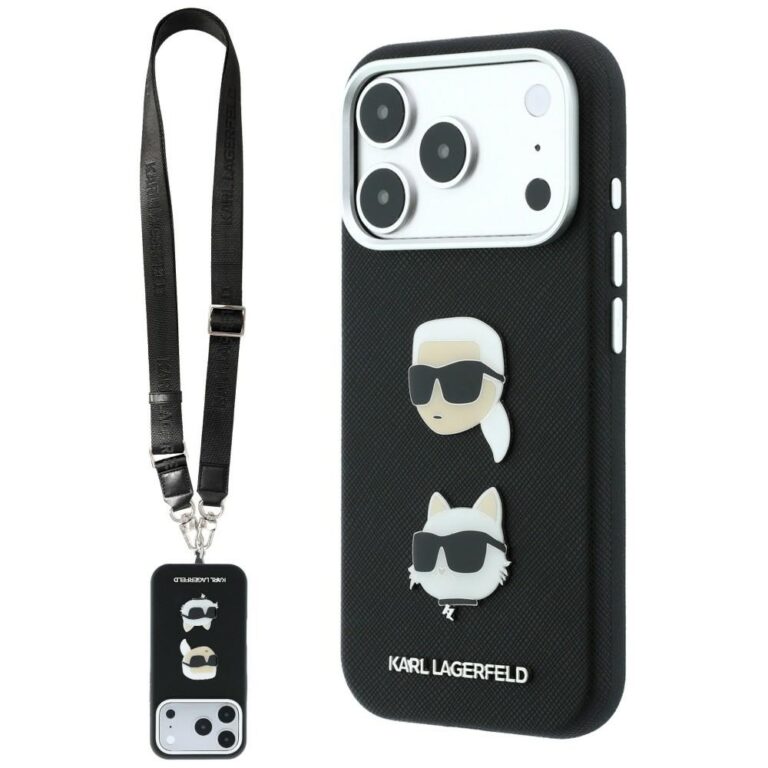 Etui Karl Lagerfeld Saffiano Karl&Choupette Heads Pins Strap Logo do iPhone 18 Pro / 17 Pro czarny