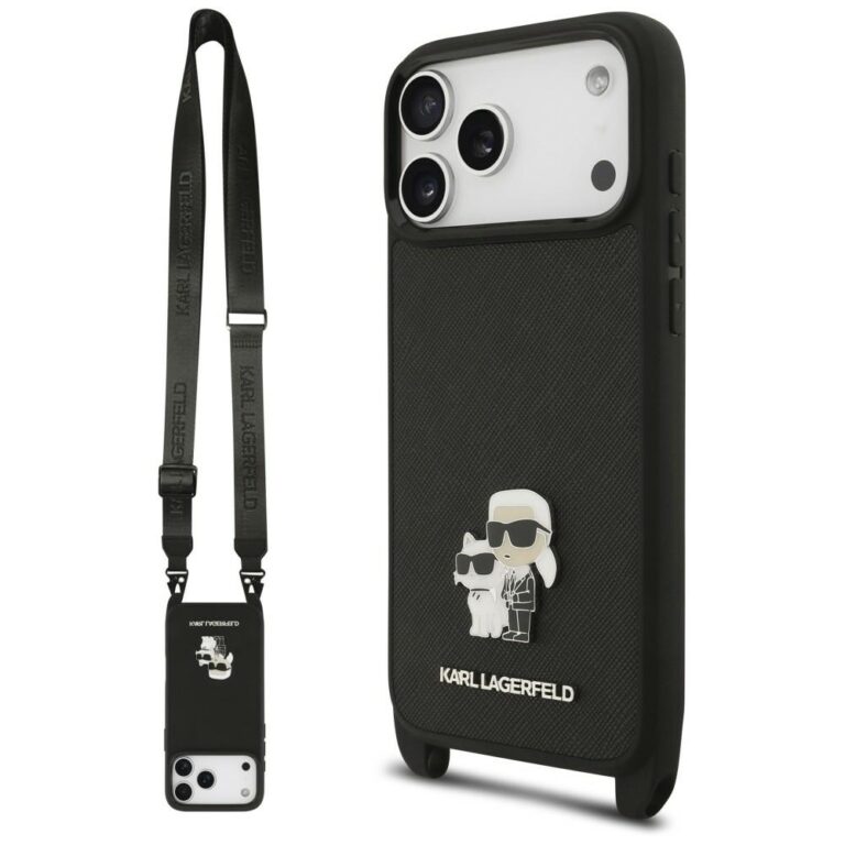 Etui Karl Lagerfeld Saffiano Karl&Choupette Metal Pin CBDY Strap do iPhone 18 Pro / 17 Pro czarny