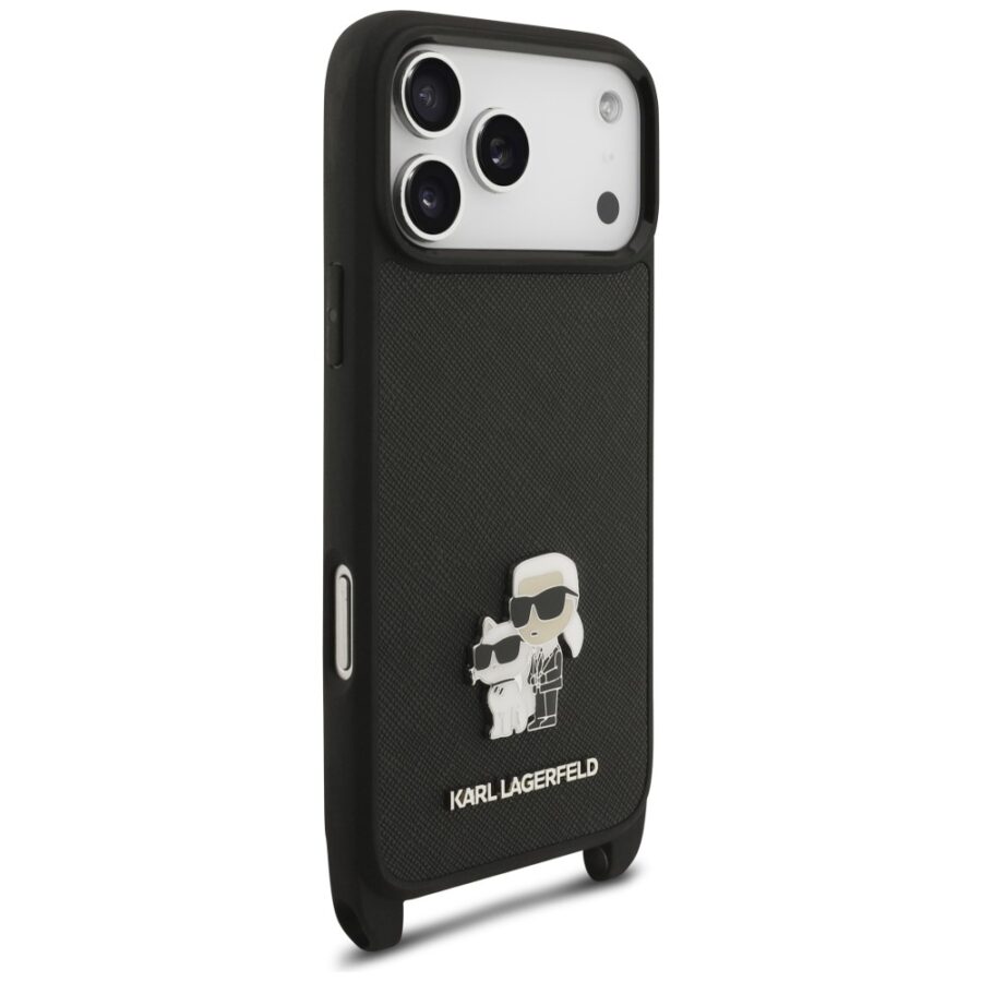 Etui Karl Lagerfeld Saffiano Karl&Choupette Metal Pin CBDY Strap do iPhone 18 Pro / 17 Pro czarny