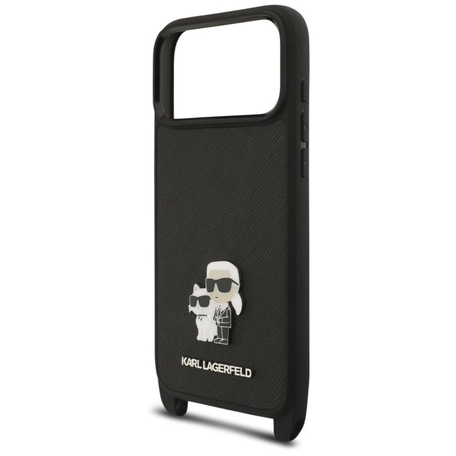 Etui Karl Lagerfeld Saffiano Karl&Choupette Metal Pin CBDY Strap do iPhone 18 Pro / 17 Pro czarny