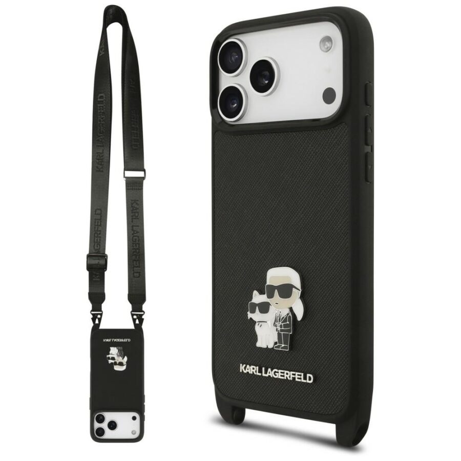 Etui Karl Lagerfeld Saffiano Karl&Choupette Metal Pin CBDY Strap do iPhone 18 Pro Max / 17 Pro Max czarny
