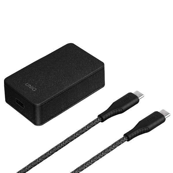 UNIQ Ład. siec. Versa Slim  USB-C PD 18W+ kabel USB-C na USB-C czarny/charcoal black (LITHOS Collective)