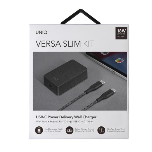 UNIQ Ład. siec. Versa Slim  USB-C PD 18W+ kabel USB-C na USB-C czarny/charcoal black (LITHOS Collective)
