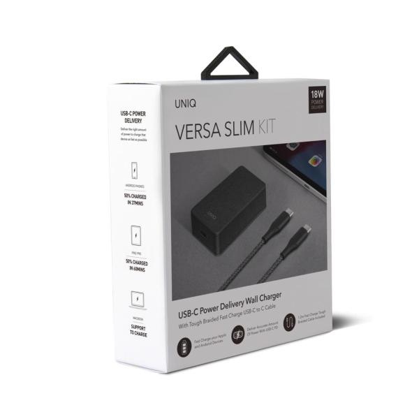 UNIQ Ład. siec. Versa Slim  USB-C PD 18W+ kabel USB-C na USB-C czarny/charcoal black (LITHOS Collective)