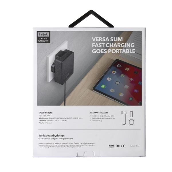 UNIQ Ład. siec. Versa Slim  USB-C PD 18W+ kabel USB-C na USB-C czarny/charcoal black (LITHOS Collective)