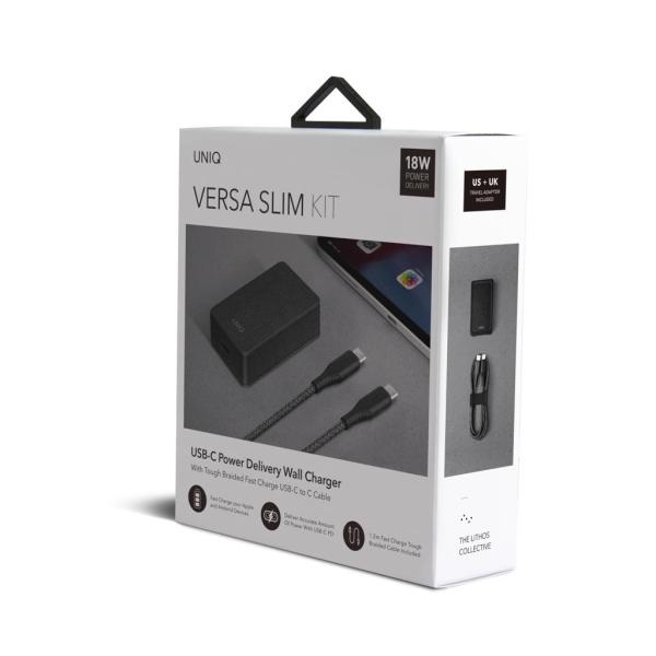 UNIQ Ład. siec. Versa Slim  USB-C PD 18W+ kabel USB-C na USB-C czarny/charcoal black (LITHOS Collective)