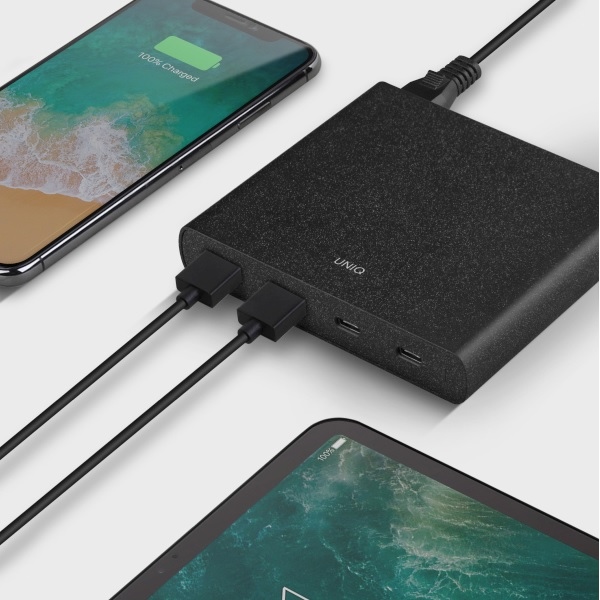 UNIQ Ład. siec. HUB Surge 90W czarny/charcoal black 2xUSB Quick Charge 3.0 + 2xUSB-C PD 3.0 (LITHOS Collective)